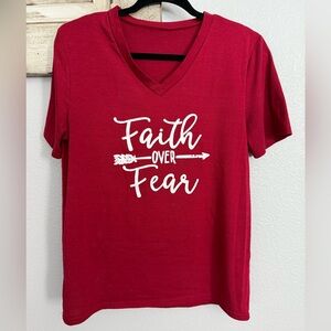 Red V-Neck T-Shirt with Faith Over Fear Print